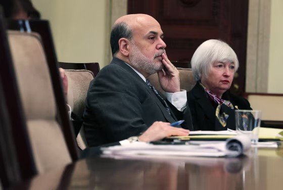 Then-Federal Reserve Board Chairman Ben Bernanke and his successor Janet Yellen in 2013.