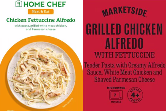 Side by side of Home Chef Chicken Fettucine Alfredo and Marketside Grilled Chicken Alfredo 