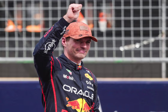 Max Verstappen smiles and raises a fist in the air