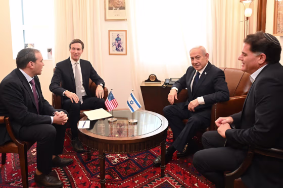 Israeli Prime Minister Benjamin Netanyahu, second right, in his office in Jerusalem with President Trump's son-in-law, Jared Kushner, second left, on Monday.