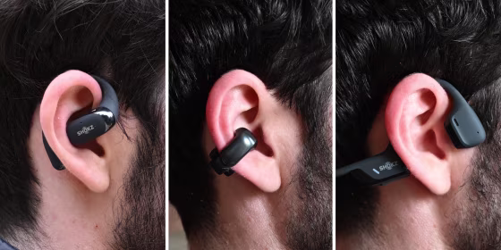 Open earbuds rest on the outside of your ear, making it easy to hear the world around you.