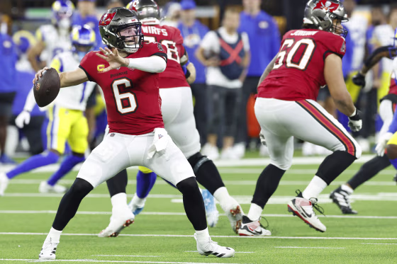 Baker Mayfield of the Tampa Bay Buccaneers passes against the Rams during the first quarter in Los Angeles.
