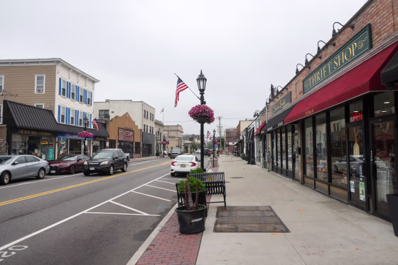 View of small businesses along Main Street in Farmingdale, New York