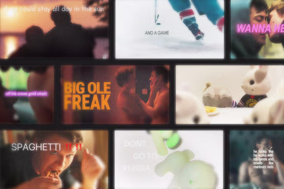 Screenshots of various video edits with text overlays, including "Big Ole Freak," "Spaghetti!," and "Don't go to Russia"