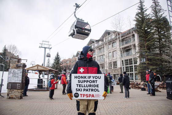 A member of the Telluride Ski Patrol strikes on Dec. 27, 2025. 