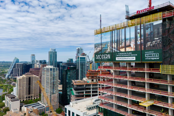  In an aerial view, apartments are seen undergoing construction downtown in Austin, TX. 