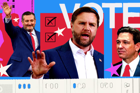 Photo illustration of Ted Cruz, JD Vance, and Ron DeSantis