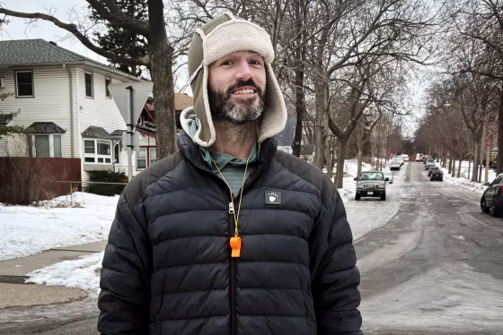 Joe Dirkswager, 38, patrolling the streets near Bancroft Elementary School in Minneapolis on Friday.