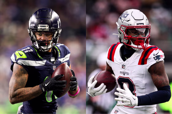 Split image of Seahawks wide receiver Jaxon Smith-Njigba and Patriots wide receiver Stefon Diggs