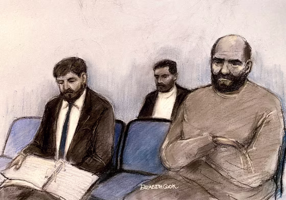 Courtroom sketch of Walid Saadaoui, Bilel Saadaoui and Amar Hussein 