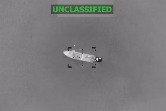 A video still from the X account of U.S. Southern Command shows a vessel being struck on Monday, Feb. 17, 2026.