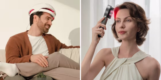 Most red light therapy devices for hair growth come in the form of hats or helmets, though you can also find brushes or wands.