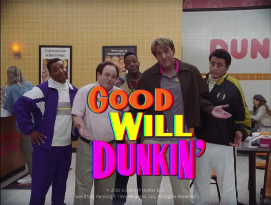 Alfonso Ribeiro, Jason Alexander, Jaleel White, Ben Afflect and Matt LeBlanc appear in Dunkin's star-studded Super Bowl ad.