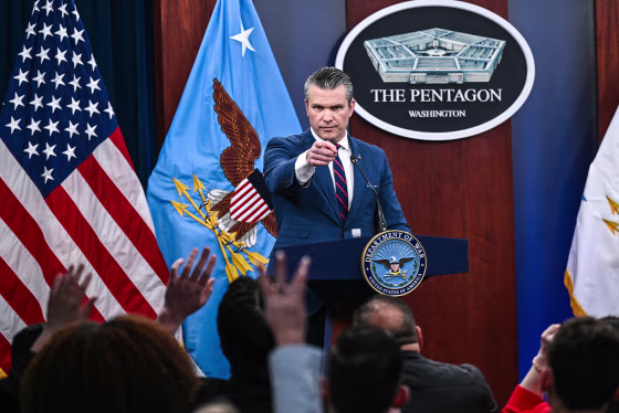 Image: Defense Secretary Pete Hegseth speaks during a press conference 