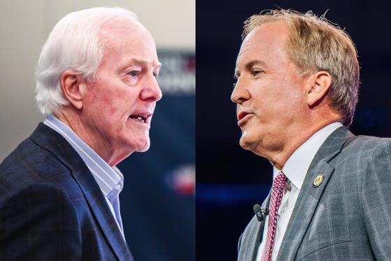 A split composite image of John Cornyn, left, and Ken Paxton