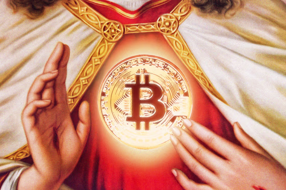 A close up of Jesus Christ making the sign of the cross with a glowing Bitcoin emblem on his robes