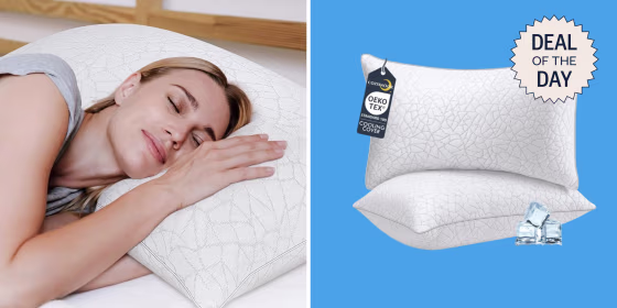 The fiber-filled pillows are covered in a cooling material that wicks sweat.