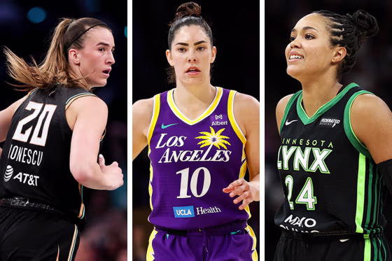 Composite image of New York's Sabrina Ionescu, Los Angeles' Kelsey Plum, and Minnesota's Napheesa Collier.