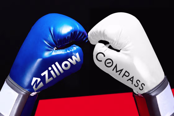 Photo illustration of two boxing gloves labelled "Zillow" and "Compass"