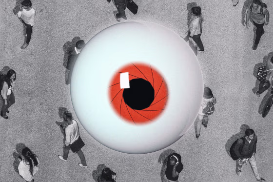Illustration of an aerial of people walking on a street while a hyper-realistic eyeball with a camera-shutter iris watches over them.