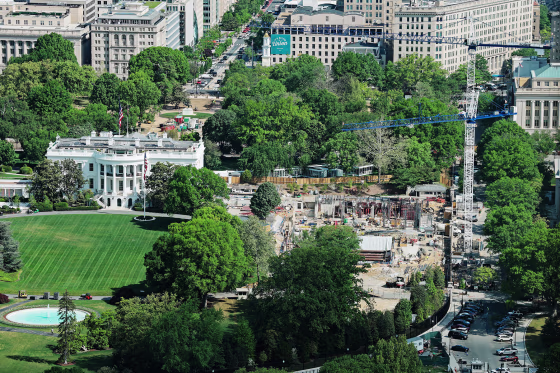 Construction cranes on the site of the proposed White House ballroom on April 17, 2026.