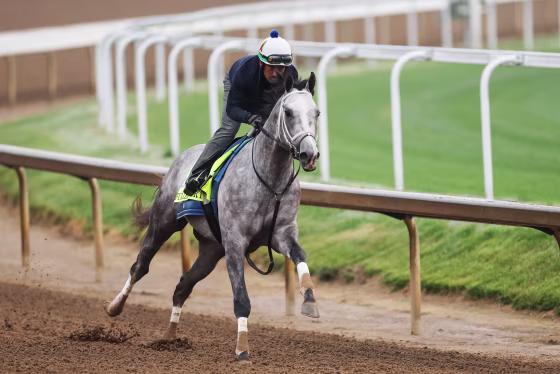 Fulleffort, a horse, runs along a dirt racetrack while a man rides on the back of the horse