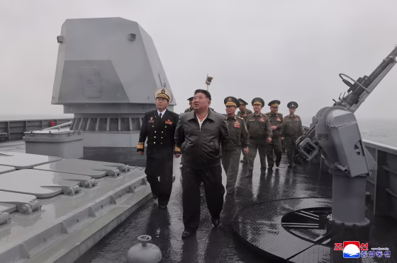 Image: North Korea's leader Kim Jong Un visits the destroyer Choe Hyon to review its maneuverability off North Korea's west coast, May 7, 2026. Independent journalists were not given access to cover the event depicted in this image distributed by the North Korean government.