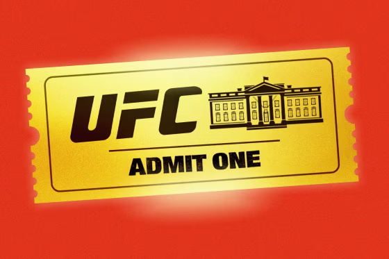 A shiny, golden ticket that shows the UFC and White House logos with "ADMIT ONE" written on it.