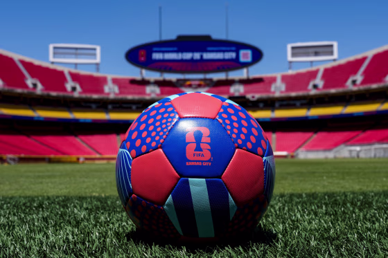 A FIFA World Cup ball on the pitch at Arrowhead Stadium on May 11, 2026 in Kansas City, Mo.