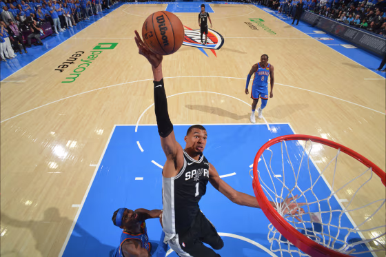 OKLAHOMA CITY, OK - MAY 18: Victor Wembanyama #1 of the San Antonio Spurs drives to the basket during the game against the Oklahoma City Thunder during Game One of the NBA Western Conference Finals on May 18, 2026 at Paycom Center in Oklahoma City, Oklahoma.