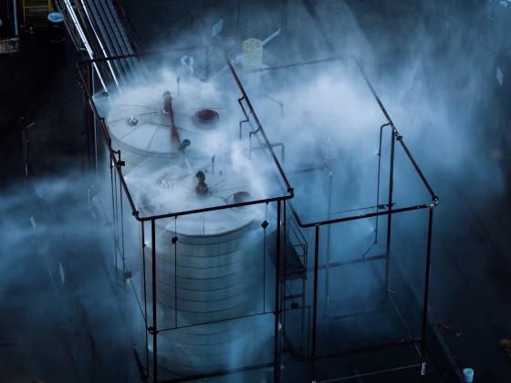 Spraying water and mist on a large chemical tank at dusk.