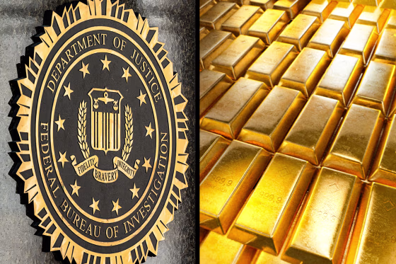 A split composite image of a Department of Justice seal, left, and gold bars