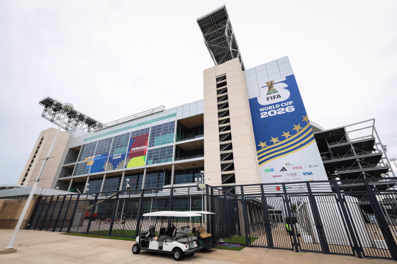 The exterior of NRG Stadium with World Cup signage