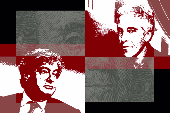 Photo Illustration of Leon Black and Epstein with a close-up of a dollar bill in the background.