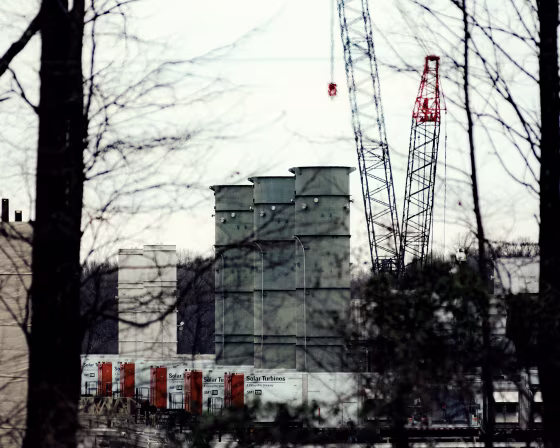 A construction site with tall smokestacks in a wooded area under gray skies.