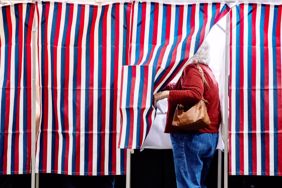A person enters a voting booth at a polling station at Colebrook Academy and Elementary School in Colebrook, New Hampshire, on November 5, 2024.