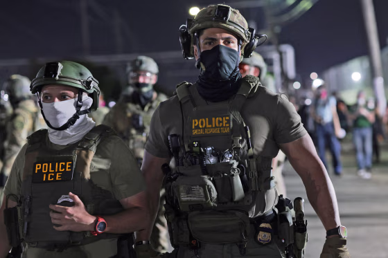 omeland Security Investigations and Immigration and Customs Enforcement officers arrive to push protesters back at the Delaney Hall Immigration Detention Center on June 12, 2026 in Newark, N.J.