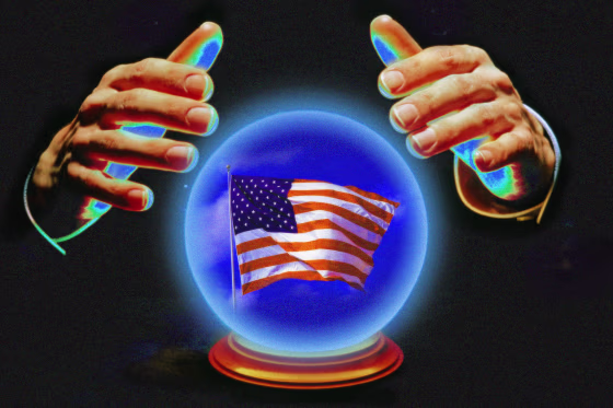 Photo illustration of hands hovering over a glowing crystal ball with an American flag inside.