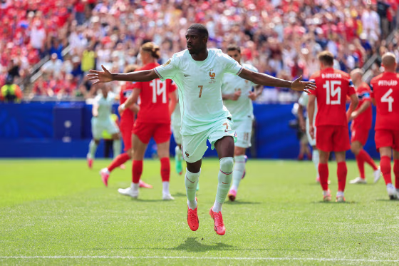 Ousmane Dembele of France celebrates after scoring a goal during the Norway v France game.