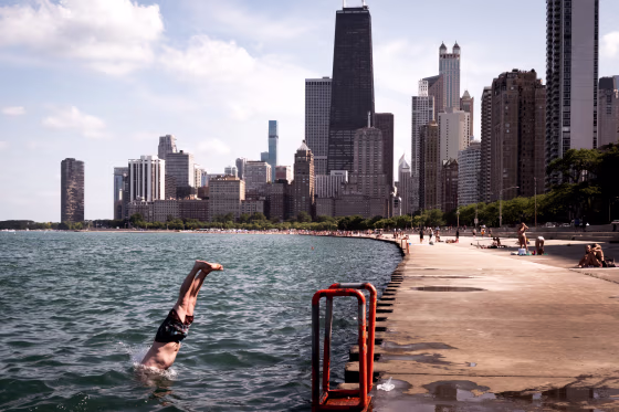 People cool off along the lakefront as temperatures topped 90 degrees on June 29, 2026 in Chicago, Illinois.