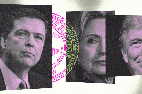Illustration of James Comey, Hillary Clinton and Donald Trump with a Department of Justice seal.