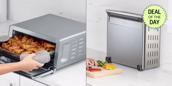Ninja’s air fryer toaster oven comes with a fryer basket and sheet pan.