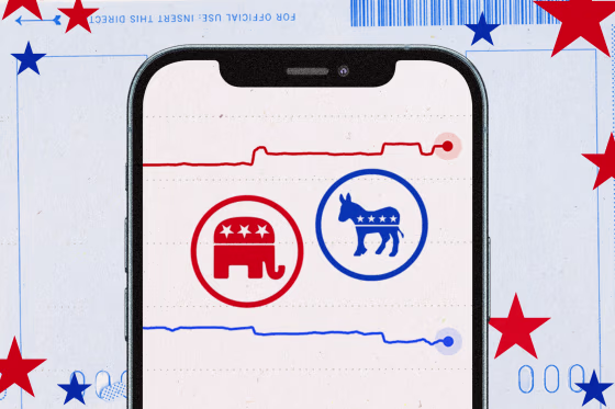 Photo illustration of a phone with Kalshi graphs and Republican and Democratic symbols. The background has a voting ballot and stars. 