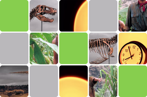 Various photos in a grid format of a dinosaur skeleton, a clock, and a scene from Jurassic Park