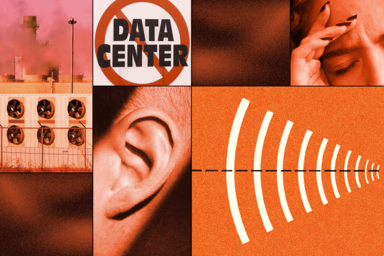 Editorial illustration: data center smoke, "no data center" sign, headache imagery