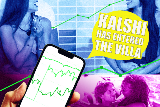 Photo illustration of photos from the latest season of Love Island with graphs from Kalshi and text that reads "Kalshi has entered the villa."