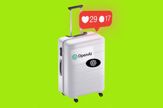 A suitcase with Open AI logo stickers and an Instagram-style notification alert showing 29 likes and 17 comments.