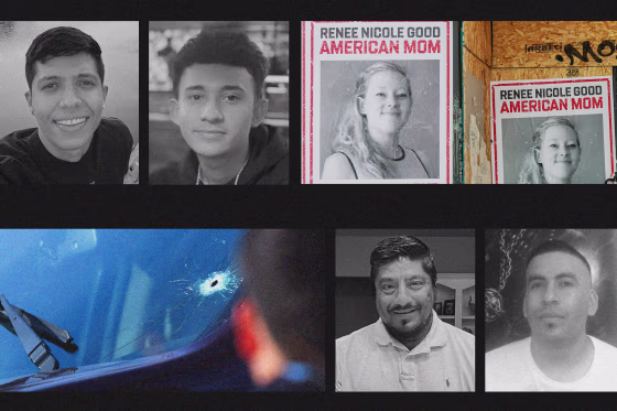 Photos of victims fatally shot by ICE agents; posters of Renee Nicole Good in Minneapolis; a car windshield cracked with a bullet hole.