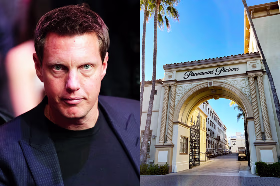 A split composite image with David Ellison, left, and the archway for Paramount Pictures studio lot