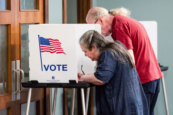 People voting in booths inside a polling station.